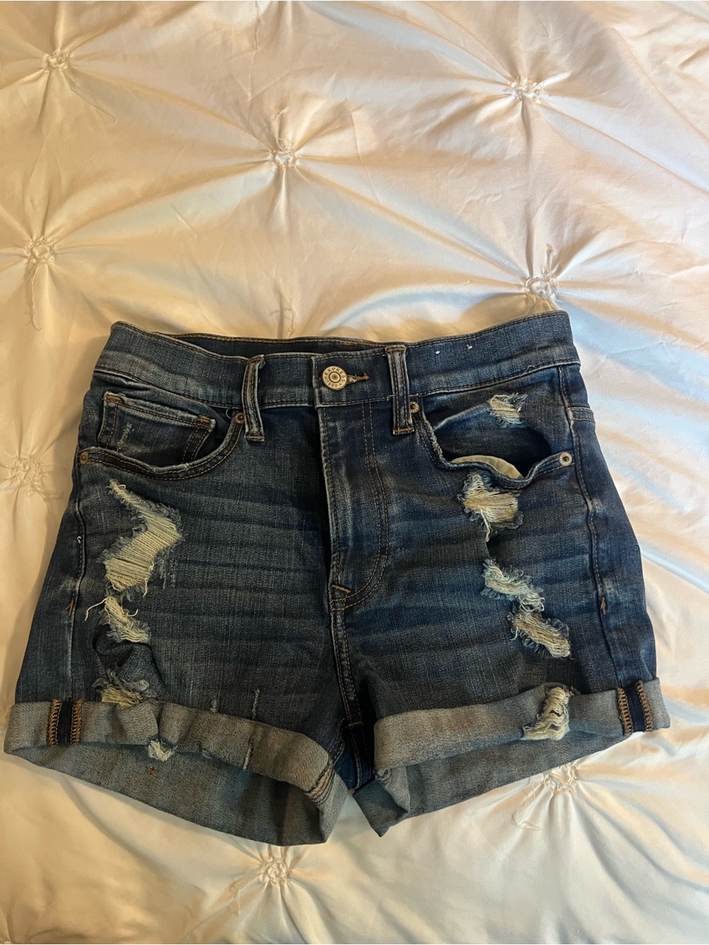 Express Women's Distressed Dark Blue Denim Shorts